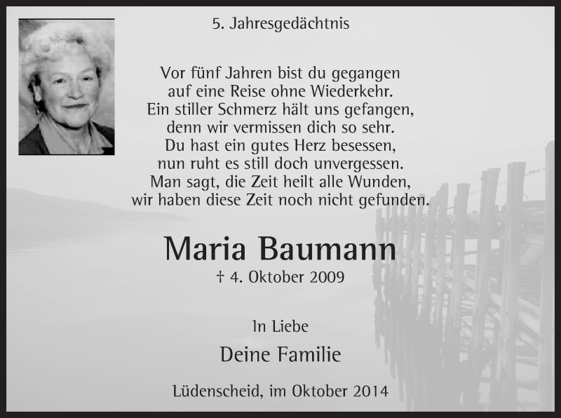  Traueranzeige für Maria Baumann vom 04.10.2014 aus MZV