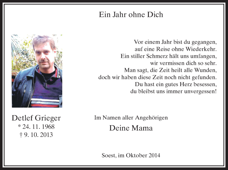  Traueranzeige für Detlef Grieger vom 09.10.2014 aus MZV