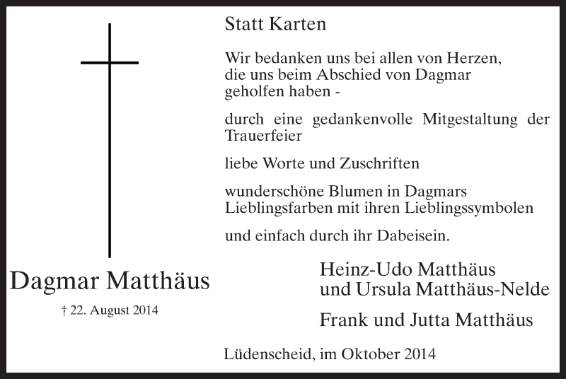  Traueranzeige für Dagmar Matthäus vom 11.10.2014 aus MZV