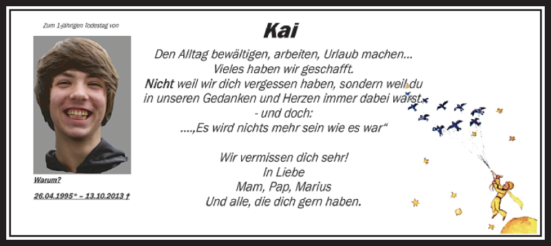  Traueranzeige für Kai Olejnik vom 13.10.2014 aus MZV