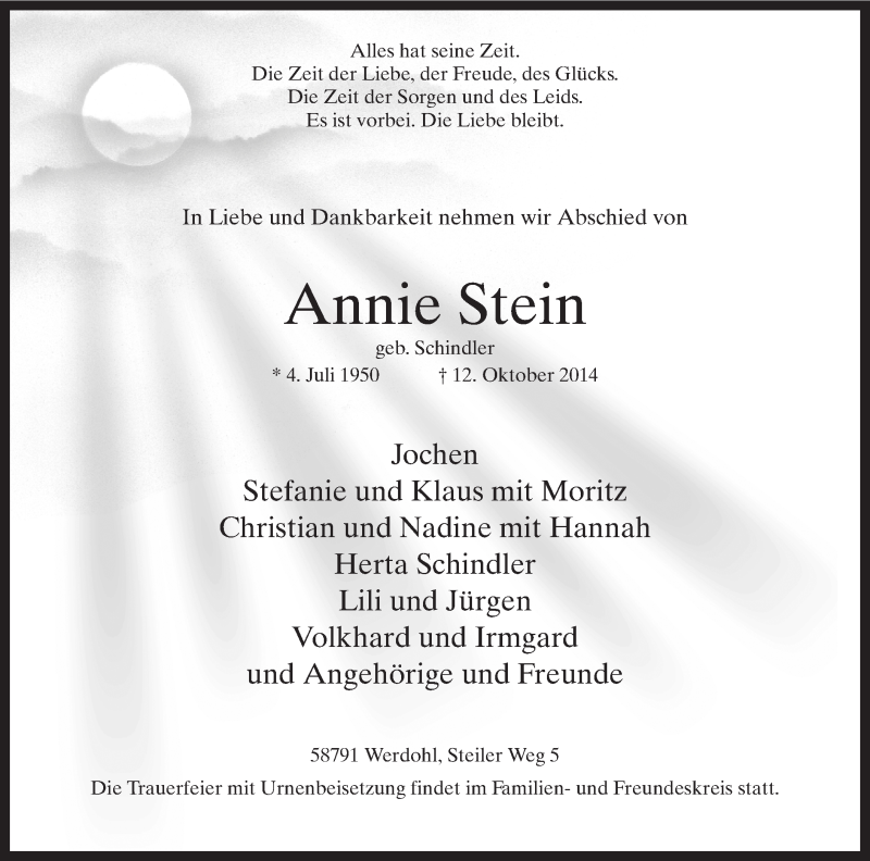  Traueranzeige für Annie Stein vom 16.10.2014 aus MZV