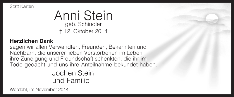  Traueranzeige für Anni Stein vom 29.11.2014 aus MZV