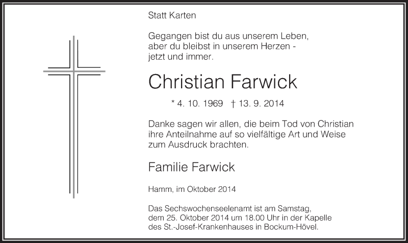  Traueranzeige für Christian Farwick vom 18.10.2014 aus MZV