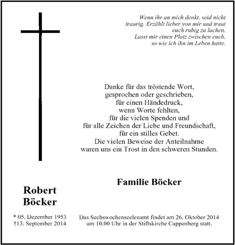  Traueranzeige für Robert Böcker vom 18.10.2014 aus MZV