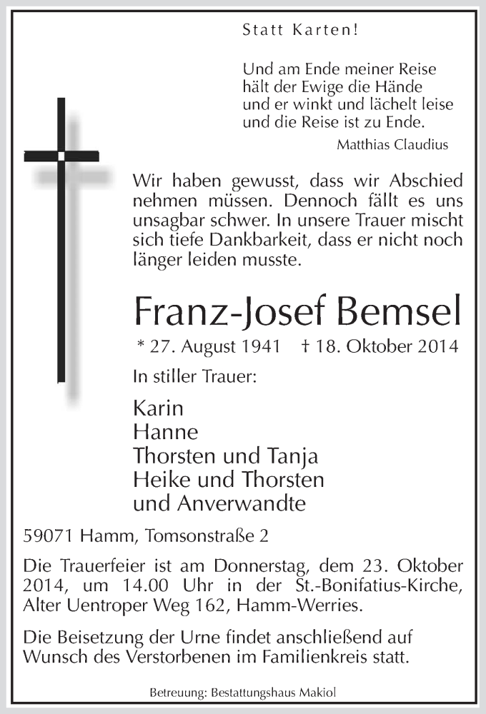  Traueranzeige für Franz-Josef Bemsel vom 21.10.2014 aus MZV