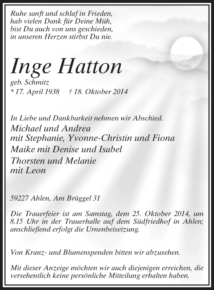  Traueranzeige für Inge Hatton vom 21.10.2014 aus MZV
