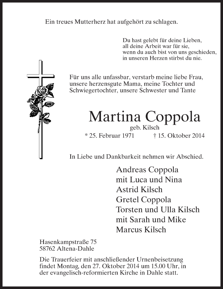  Traueranzeige für Martina Coppola vom 21.10.2014 aus MZV