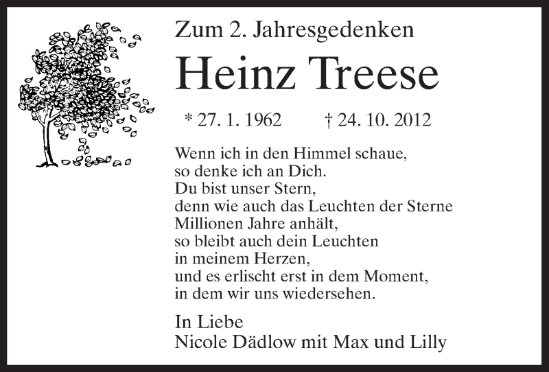  Traueranzeige für Heinz Treese vom 24.10.2014 aus MZV