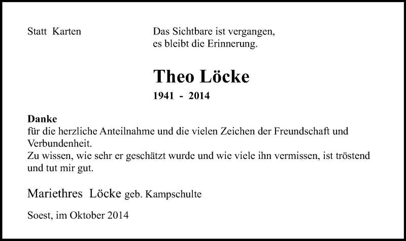  Traueranzeige für Theo Löcke vom 25.10.2014 aus MZV