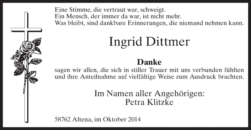  Traueranzeige für Ingrid Dittmer vom 25.10.2014 aus MZV