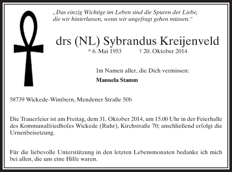 Traueranzeige für Sybrandus Kreijenveld vom 28.10.2014 aus MZV