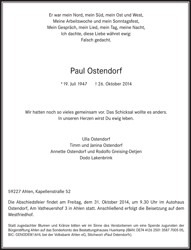  Traueranzeige für Paul Ostendorf vom 29.10.2014 aus MZV
