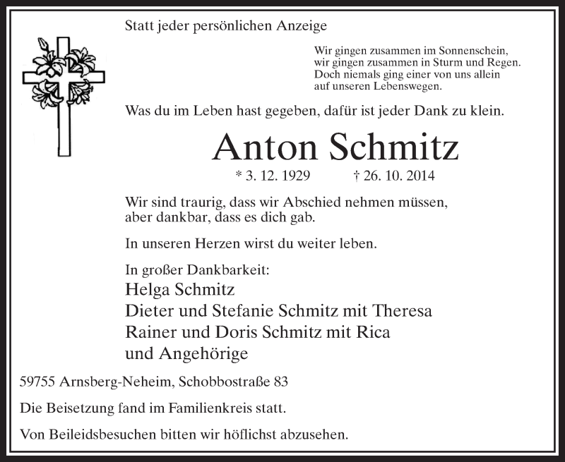  Traueranzeige für Anton Schmitz vom 31.10.2014 aus MZV
