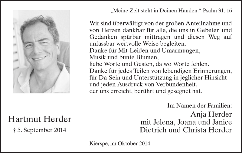  Traueranzeige für Hartmut Herder vom 31.10.2014 aus MZV