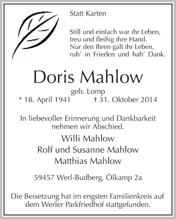 Traueranzeige von Doris Mahlow von MZV