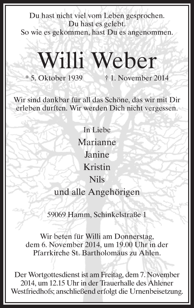  Traueranzeige für Willi Weber vom 05.11.2014 aus MZV