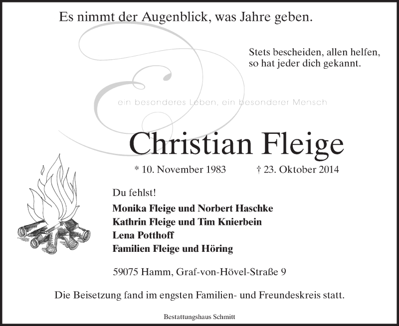  Traueranzeige für Christian Fleige vom 06.11.2014 aus MZV