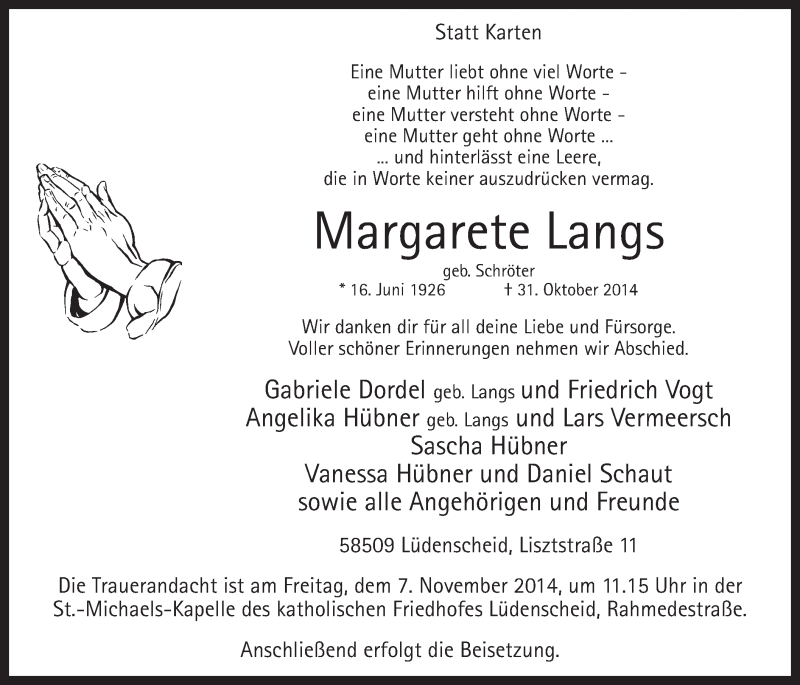  Traueranzeige für Margarete Langs vom 05.11.2014 aus MZV