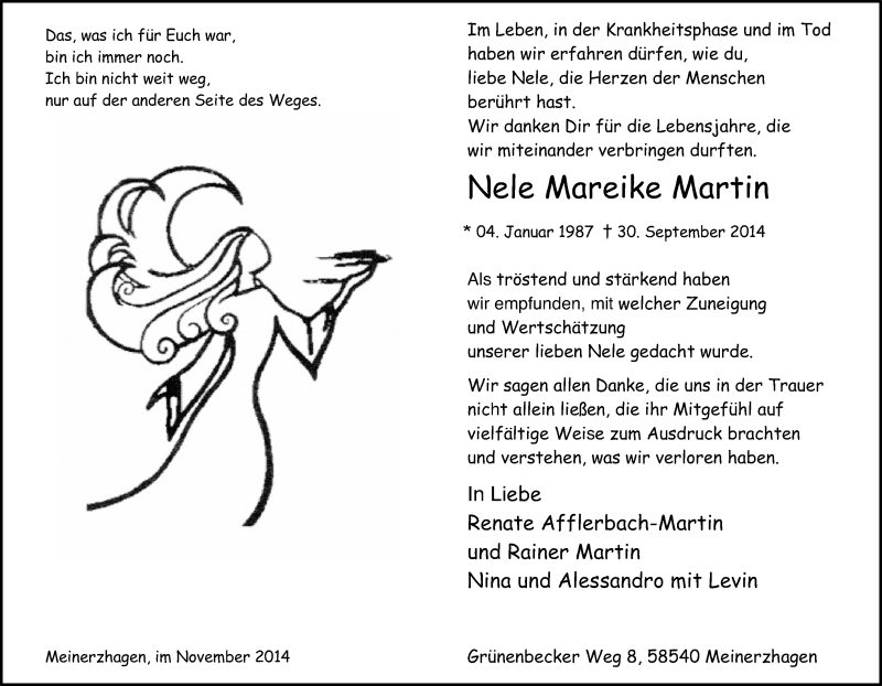  Traueranzeige für Nele Mareike Martin vom 08.11.2014 aus MZV