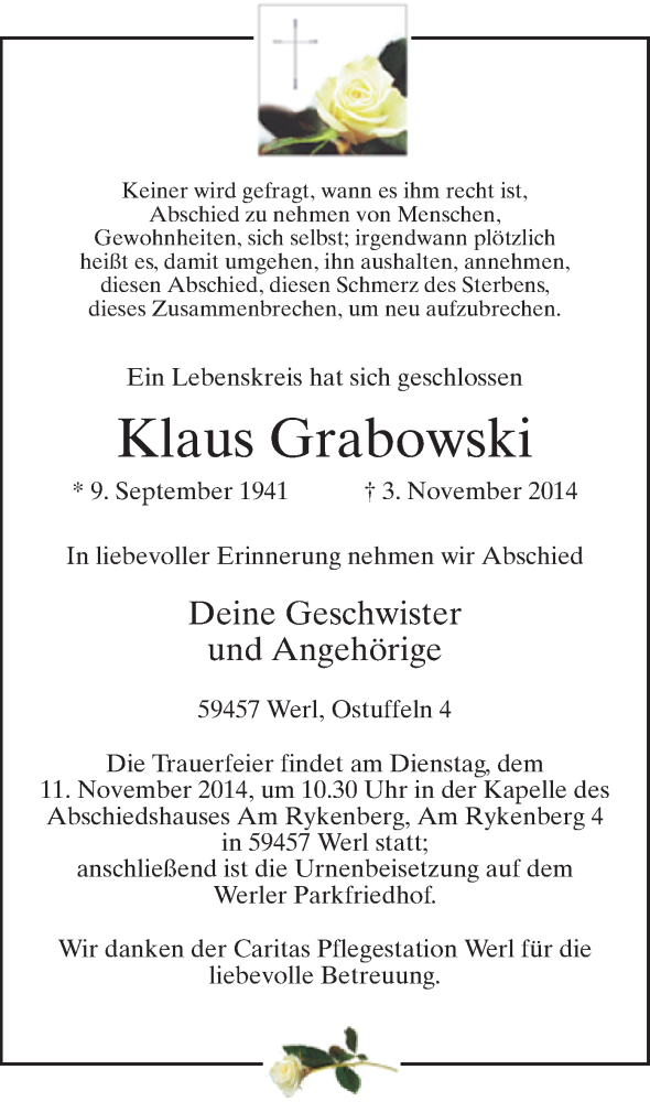  Traueranzeige für Klaus Grabowski vom 07.11.2014 aus MZV
