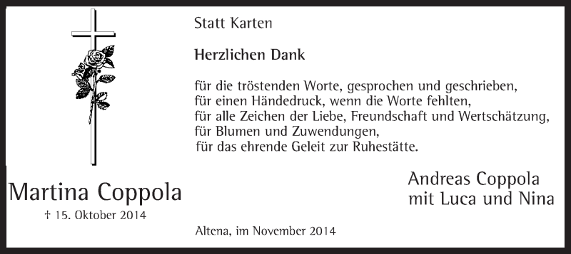  Traueranzeige für Martina Coppola vom 07.11.2014 aus MZV