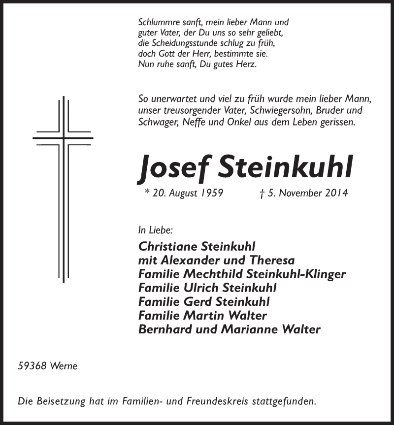  Traueranzeige für Josef Steinkuhl vom 11.11.2014 aus MZV