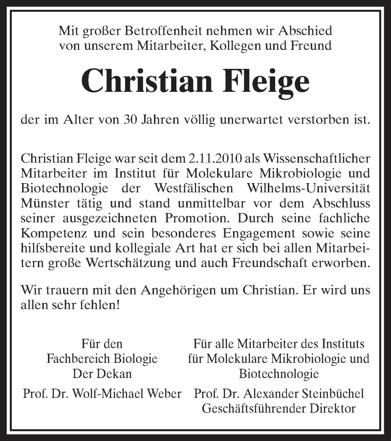  Traueranzeige für Christian Fleige vom 10.11.2014 aus MZV