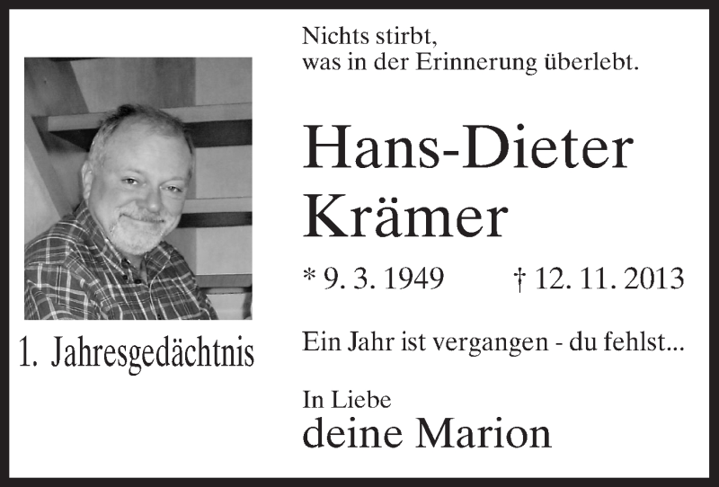  Traueranzeige für Hans-Dieter Krämer vom 12.11.2014 aus MZV