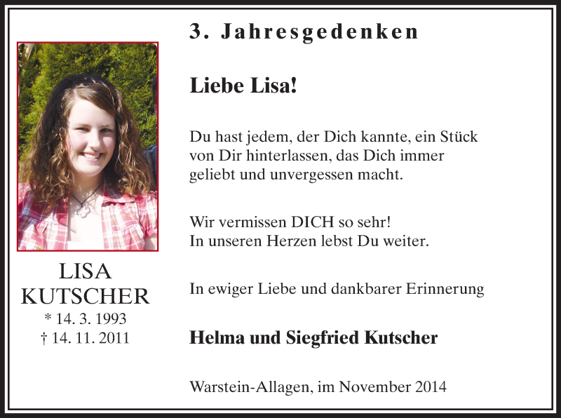  Traueranzeige für Lisa Kutscher vom 14.11.2014 aus MZV