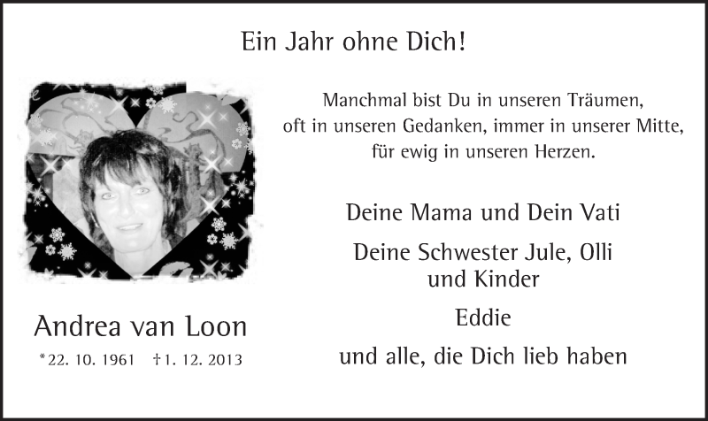  Traueranzeige für Andrea van Loon vom 01.12.2014 aus MZV
