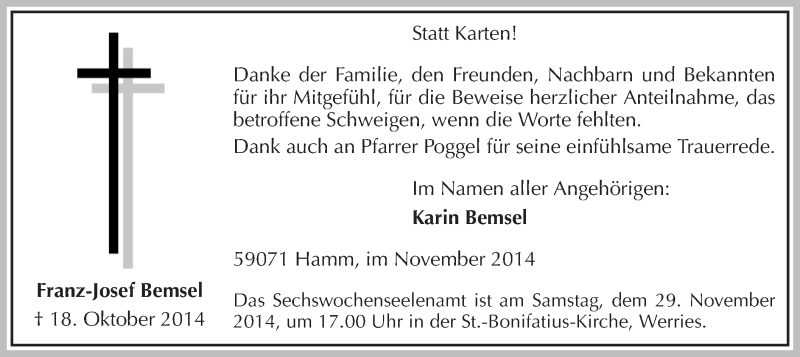  Traueranzeige für Franz-Josef Bemsel vom 22.11.2014 aus MZV