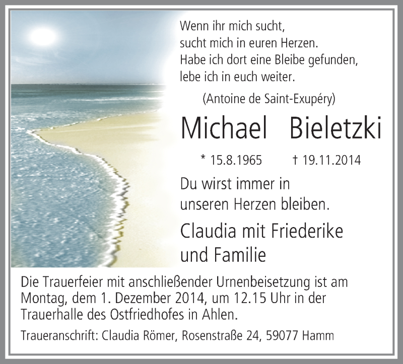  Traueranzeige für Michael Bieletzki vom 22.11.2014 aus MZV
