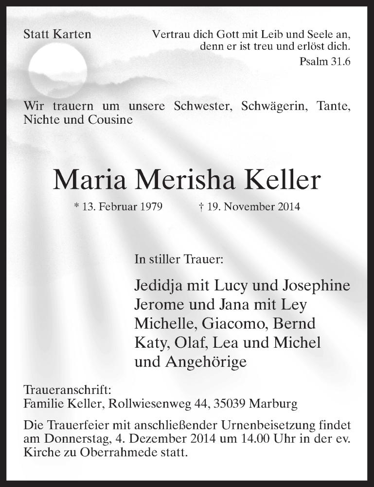  Traueranzeige für Maria Merisha Keller vom 29.11.2014 aus MZV