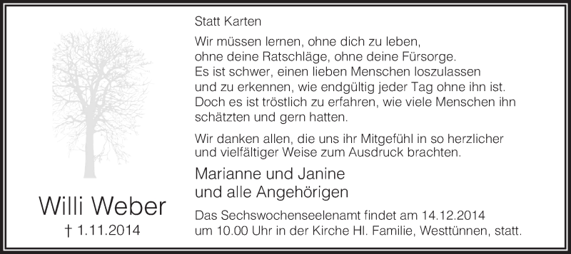  Traueranzeige für Willi Weber vom 06.12.2014 aus MZV