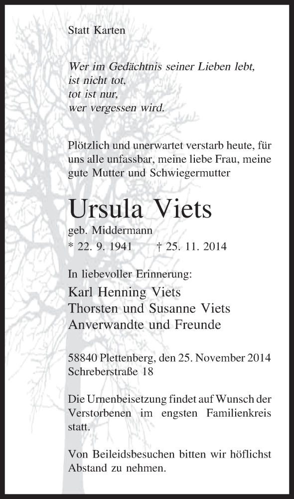  Traueranzeige für Ursula Viets vom 02.12.2014 aus MZV