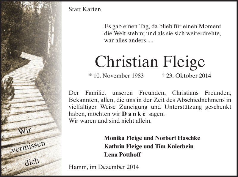  Traueranzeige für Christian Fleige vom 04.12.2014 aus MZV