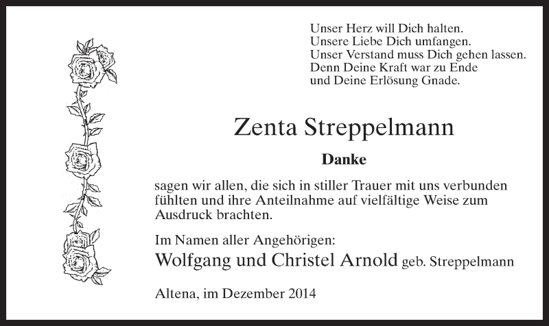  Traueranzeige für Zenta Streppelmann vom 06.12.2014 aus MZV