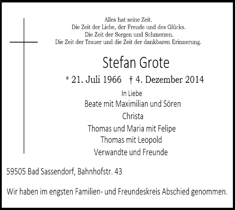  Traueranzeige für Stefan Grote vom 10.12.2014 aus MZV