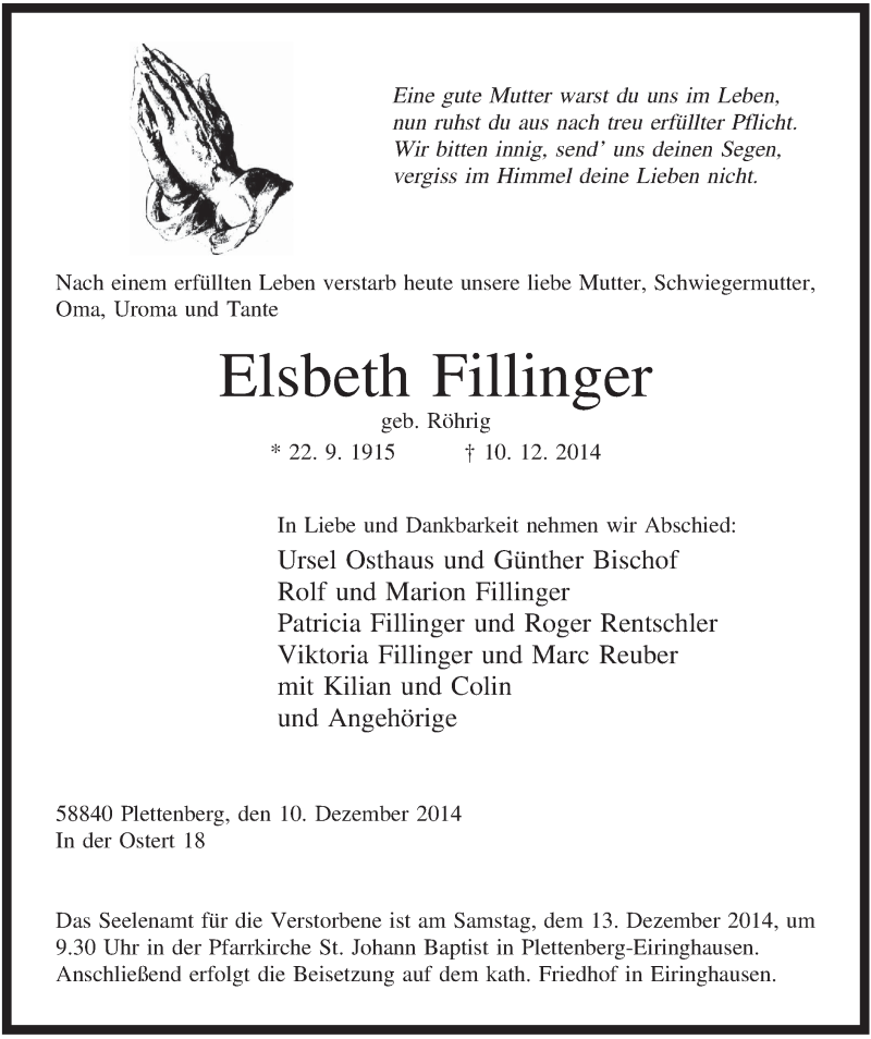  Traueranzeige für Elsbeth Fillinger vom 11.12.2014 aus MZV