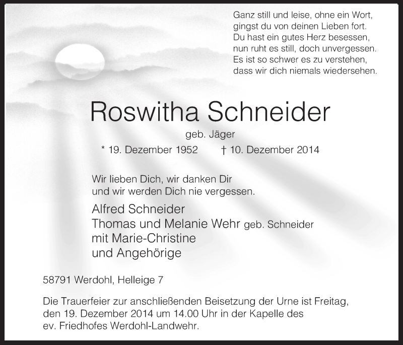  Traueranzeige für Roswitha Schneider vom 16.12.2014 aus MZV