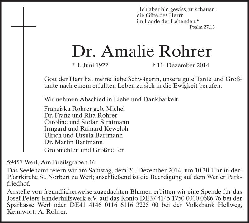  Traueranzeige für Amalie Rohrer vom 16.12.2014 aus MZV