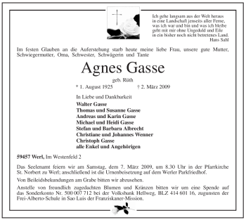 Traueranzeige von Agnes Gasse von WESTFÄLISCHER ANZEIGER