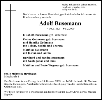 Traueranzeige von Adolf Busemann von WESTFÄLISCHER ANZEIGER