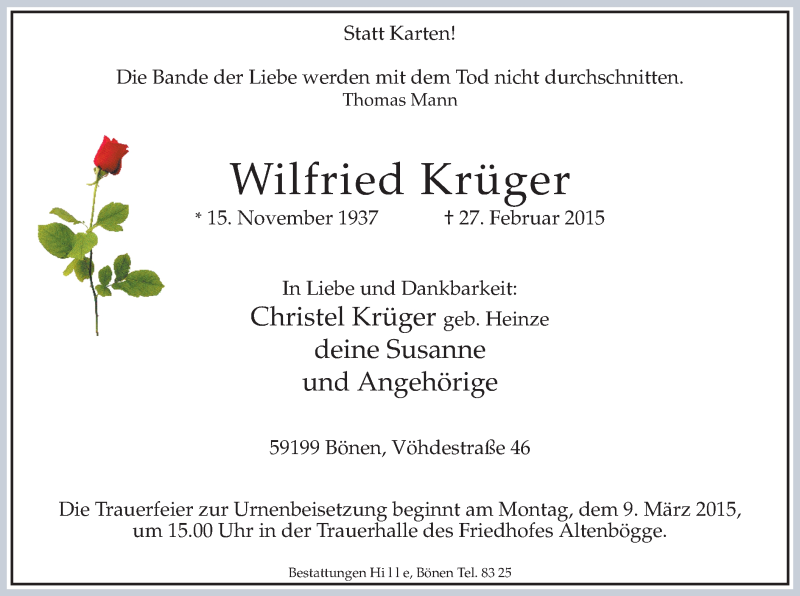  Traueranzeige für Wilfried Krüger vom 05.03.2015 aus MZV