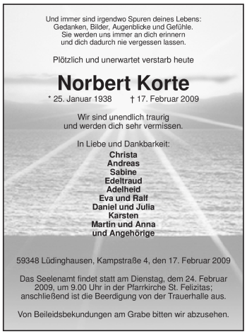 Traueranzeige von Norbert Korte von WESTFÄLISCHER ANZEIGER