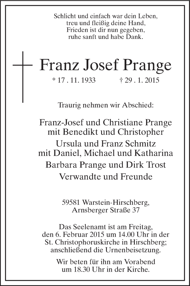  Traueranzeige für Franz Josef Prange vom 03.02.2015 aus MZV