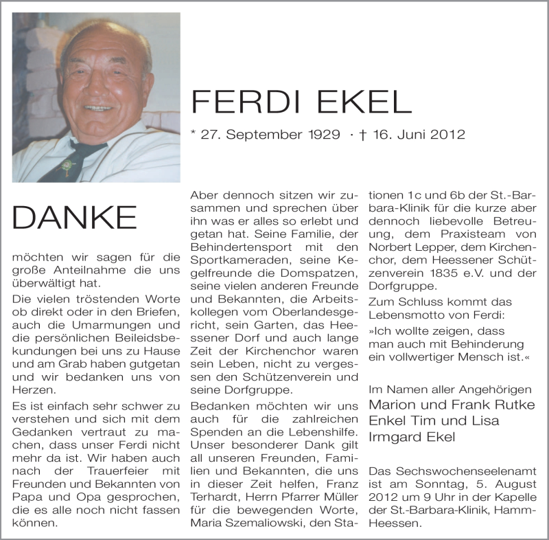  Traueranzeige für Ferdi Ekel vom 28.07.2012 aus WESTFÄLISCHER ANZEIGER