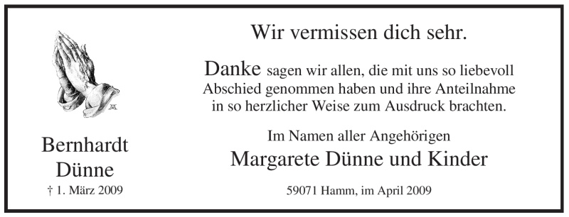  Traueranzeige für Bernhardt Dünne vom 25.04.2009 aus WESTFÄLISCHER ANZEIGER