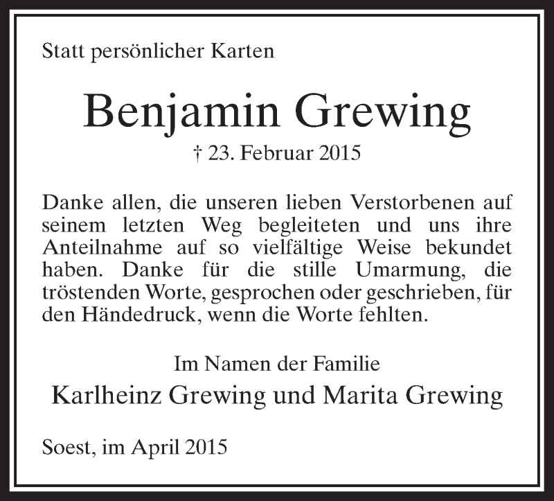  Traueranzeige für Benjamin Grewing vom 04.04.2015 aus MZV