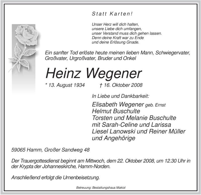 Traueranzeigen von Heinz Wegener | Trauer.nrw